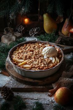 Cozy up with a warm spiced apple and pear crisp, topped with a buttery oat crumble and served with a scoop of vanilla ice cream. #ApplePearCrisp #HolidayDesserts #WinterComfortFood #ChristmasBaking