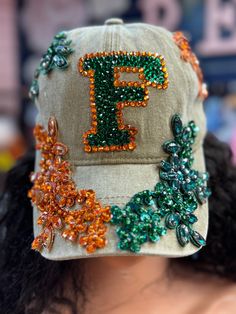 Beaded Orange, Custom Fitted Hats, Dope Hats, Custom Trucker Hats, Custom Bling, Diy Hat, Hat Ideas, Fancy Hats, Orange And Green