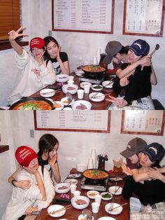 four people sitting at a table with food in front of them