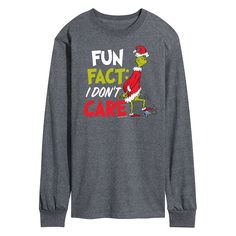 Keep the Grinch spirit alive with this funny Dr. Seuss Grinch Fun Fact long sleeve graphic tee. Keep the Grinch spirit alive with this funny Dr. Seuss Grinch Fun Fact long sleeve graphic tee. Crewneck Long sleevesFABRIC & CARE Cotton, polyester Machine wash Imported Color: Dark Grey. Gender: male. Age Group: adult. Novelty Long Sleeve T-shirt With Graphic Print, Graphic Long Sleeve T-shirt With Text Print, Long Sleeve Graphic Tee With Text Print, Funny Print Long Sleeve T-shirt For Fall, Graphic Tee With Character Print And Long Sleeves, Funny Print Long Sleeve T-shirt For Winter, Funny Long Sleeve Tops For Fall, Funny Long Sleeve Tops With Text Print, Funny Print Long Sleeve Winter Tops