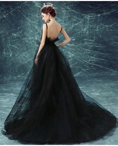 Buy Simple Black Sexy V-neck Formal Party Dress Long Gown With Train at wholesale price online. Free shipping and pro custom service since 2009. Long Tail Dress, Deep Red Flowers, Black Like My Soul, Flower Girl Dresses Country, Black Dress Long, Tulle Long Prom Dress, Prom Dress With Train, Prom Dress Black, Black Evening Dress