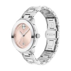 Capture your elegant and feminine side with this ladies' Movado Bold® Verso silver-toned watch with a pink dial. The blush pink sunray dial features silver-toned hands and markers, the signature sunray dot at the 12 o'clock hour and a date display. 38.0mm stainless steel case with K1 mineral crystal Swiss quartz movement keeps accurate time. The satin-finished stainless steel link bracelet secures with a deployment clasp. Water resistant to 30 meters, this watch includes a 2-year limited manufacturer warranty. We are an authorized Movado dealer. Movado Bold, Yellow Case, Movado Watch, Women's Watch, Pale Yellow, Stainless Steel Band, Minerals Crystals, Stainless Steel Bracelet, Quartz Movement