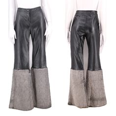 1990s Deviations Dress in Peace Ultra buttery soft slick black leather pants with fun fur bell bottom cut. Form fitting, partially lined. The hems are silvery gray and soft fake fur. 90s club kid high end leather. Fantastic fit and cut. Excellent condition, appears unworn No marked size waist= 32 hips=38 inseam= 33 rise= 10 ALL SALES FINAL Wide Leg Leather Pants For Winter Party, Winter Full Length Leather Pants, Winter Party Wide-leg Leather Pants, Fitted Wide Leg Leather Pants For Winter, Black Flare Pants For Winter, Black Flare Winter Pants, Leather Pants Vintage, Leather Pants 90s, Fitted Leather Alternative Pants