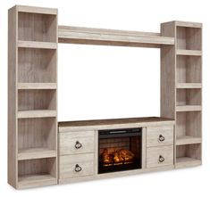 an entertainment center with a fireplace and shelves