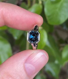 a person holding a ring with a blue stone in it's middle and green leaves behind them