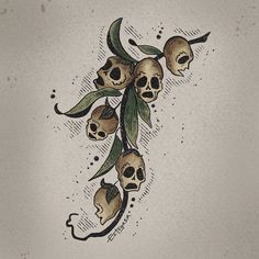 a tattoo design with skulls and flowers on it