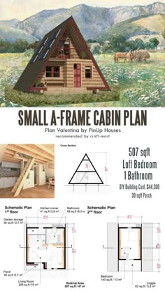 small log cabin plan with loft and living room in the corner, floor plans are also available