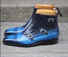 Men's Handmade 2 Tone Blue Leather Triple Monk Strap Pointed Toe Cap Toe Boots on Storenvy Monkstrap Shoes, Blue Leather Boots, Handmade Leather Boots, Quality Leather Boots, Cap Toe Boots, Custom Design Shoes, High Ankle Boots, Boot Straps, Buckle Boots