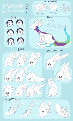 an illustrated guide to how to draw cartoon animals in different poses and positions, including the head