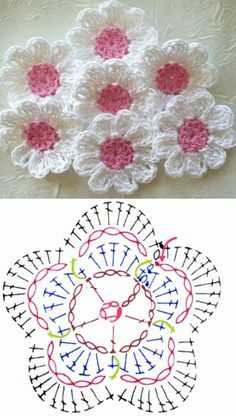 crocheted doily with pink and white flowers next to the same doily