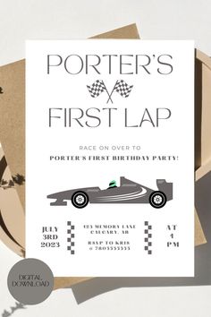 a race car birthday party card with the words, porter's first lap on it