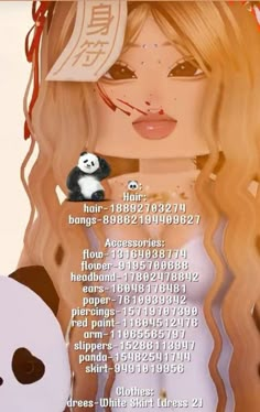 a girl with long blonde hair holding a panda bear in front of her face and text on the screen