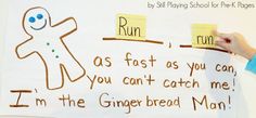 a child's hand writing on a paper with ginger bread man and run as fast as you can