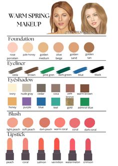 WARM SPRING MAKEUP PALETTE. If you like this, go to my profile and click on my other similar pins about fashion, beauty, color palettes and so much more! Spring Palette Makeup, Spring Warm Makeup, True Spring Makeup Palette, Clear Spring Makeup Looks, Spring Color Palette Makeup