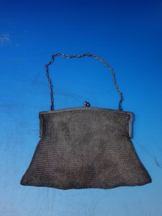 "Beautiful German 800 silver mesh purse with faux sapphire handles, circa 1900 (unknown maker). This purse measures 7\" x 6\" and weighs 8.4 troy ounces. It is monogrammed (see photos) and is in good vintage condition. Classy! SKU#6174. 100% Satisfaction Guaranteed!" Antique Silver Rectangular Evening Bag, Silver Antique Rectangular Evening Bag, Formal Silver Engraved Bags, Silver Antique Evening Bag, Engraved Silver Evening Bag, Flatware Chest, Old Chest, Sterling Silver Flatware, Silver Flatware