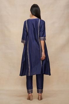 Indigo A-line tunic with side gathers and gold and silver geometric pattern gota embellishments. - Aza Fashions Kurta Women, Aza Fashion, Gold And Silver, Three Quarter, Tunics, Embellishments, Geometric Pattern, A Line, Silk