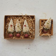 three small christmas trees are in a box with straw shavings on the sides