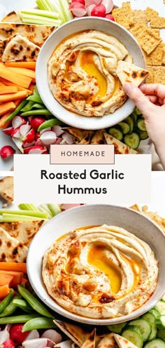 roasted garlic hummus with carrots, celery and crackers