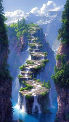 an artistic painting of a waterfall in the mountains