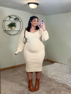 Dress And High Boots Outfit, Plus Size Sweater Dress Outfit, Brown Boots Winter Outfit, Plus Size Boots Outfit, Sweater Dress Outfit With Boots, Cream Sweater Dress Outfit, Plus Size Church Outfits, Sweater Dress Ideas, Midi Dress With Boots