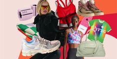 a collage of women's clothing, shoes and handbags on an orange background