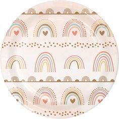 a paper plate with rainbows and hearts on it