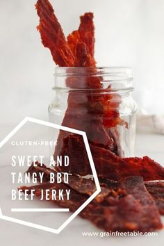 sweet and tangy bbq beef jerk in a jar with the text gluten free sweet and tangy bbq beef steak