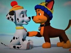 the animated dog is shaking hands with another cartoon dog that appears to be wearing a hat