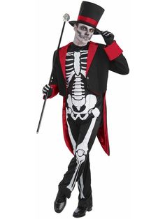 a man in a skeleton costume holding a stick and wearing a top hat with a cane