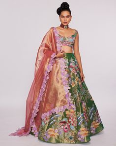 Green Divergence Tissue Appliqued Lehenga | Aisha Rao | Panache by Sharmeen Aisha Rao, Tissue Dupatta, Lehenga With Blouse, Brocade Lehenga, Lehenga Indian, Lehenga Saree Design, Nikkah Dress, Green Lehenga, Embellished Blouse