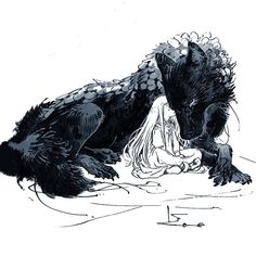 a black and white drawing of a creature on the ground with it's mouth open