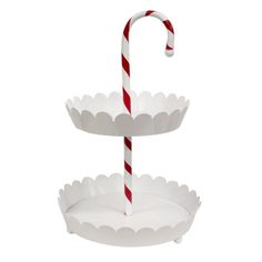 two tiered serving tray with candy canes on each side and paper cupcake liners at the bottom