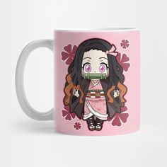 a pink coffee mug with an anime character on it