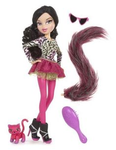 a barbie doll with long hair and cat tail next to it's toy set