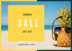 a pineapple with sunglasses and headphones on the beach for summer sale, 30 % off