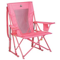 a pink folding lawn chair with an umbrella on the back and side pocket for storage