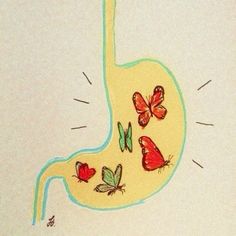 a drawing of a stomach with butterflies on it's side and an arrow in the middle