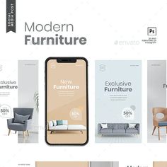 the modern furniture advert is displayed on an iphone screen and it's full color scheme