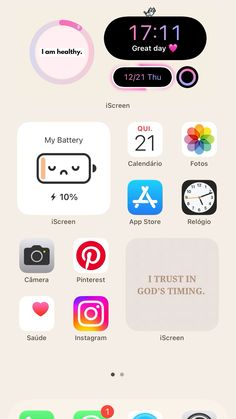 an iphone screen with different icons and text on the bottom right corner, including one that says i trust in god's time