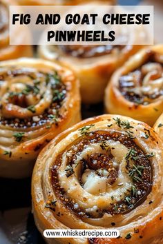 some food is sitting on a plate with the words fig and goat cheese pinwheels