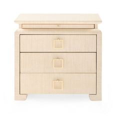 a white wooden nightstand with two drawers on each side and an open drawer at the top