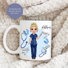 a personalized coffee mug with an illustration of a nurse