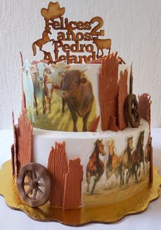 there is a cake decorated with pictures of animals on the front and back of it