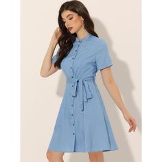 The classic design and button-front details make this dress versatile for day-to-night wear. The fitted silhouette and denim fabric give it a timeless appeal, perfect for a casual summer day or transitioning from work to an evening out. Pair it with stylish accessories and high heels for a chic casual look. This dress is suitable for various occasions including home, daily wear, casual outings, and office settings. It features a button-down front, waist tie belt, crew neck, and short sleeves. Short Sleeve Denim Shirt, Short Sleeve Denim, Dress Light Blue, Button Down Short Sleeve, Chic Casual, Denim Shirt Dress, Night Wear, Mini Dresses Summer, Classic Dress