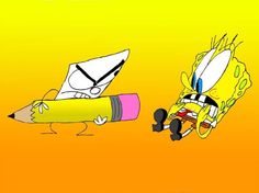 two cartoon characters one holding a pencil and the other flying