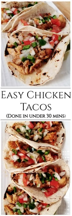 three tacos with chicken, tomatoes and onions on them are shown in two separate images