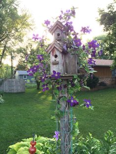 a bird house with purple flowers growing around it