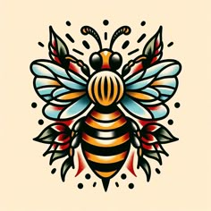 a drawing of a bee with leaves and dots on it's back side is shown