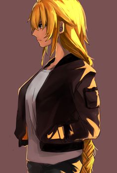 an anime character with long blonde hair wearing a black jacket and jeans, looking to the side