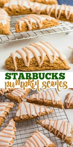 a batch of starbucks's pumpkin scones with frosting on top and in the background